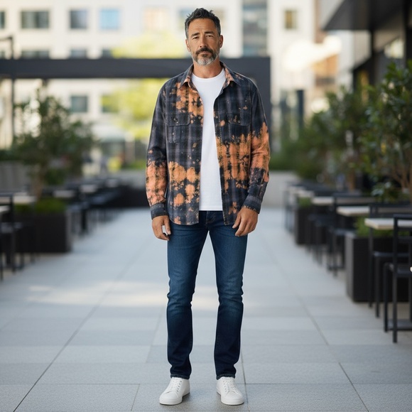 Joseph Abboud Men’s Bleach Plaid Shirt Jacket Distressed Ripped Detail Unisex - Picture 1 of 13
